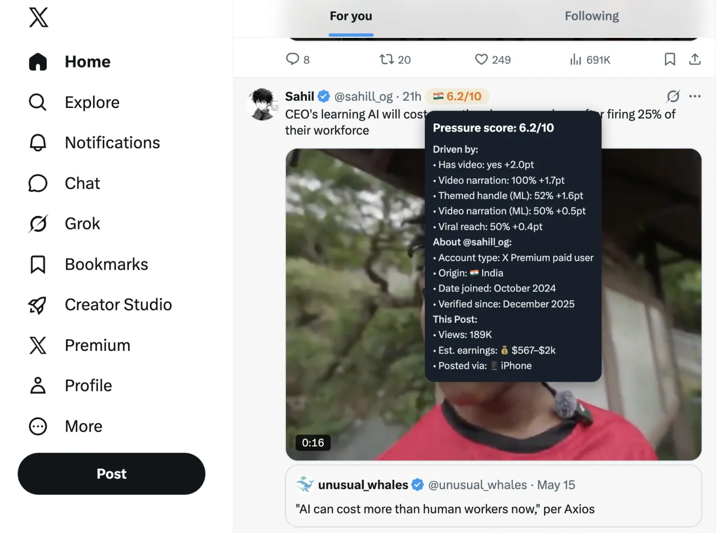 Manipulator tooltip listing the on-device AI classification signals for a tweet