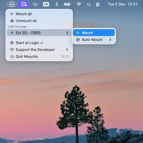 Mountio menu with device list