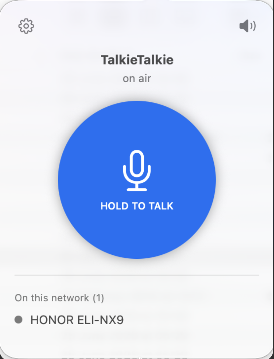 TalkieTalkie menu bar popover on macOS with a big Hold to Talk button and a device discovered on the network