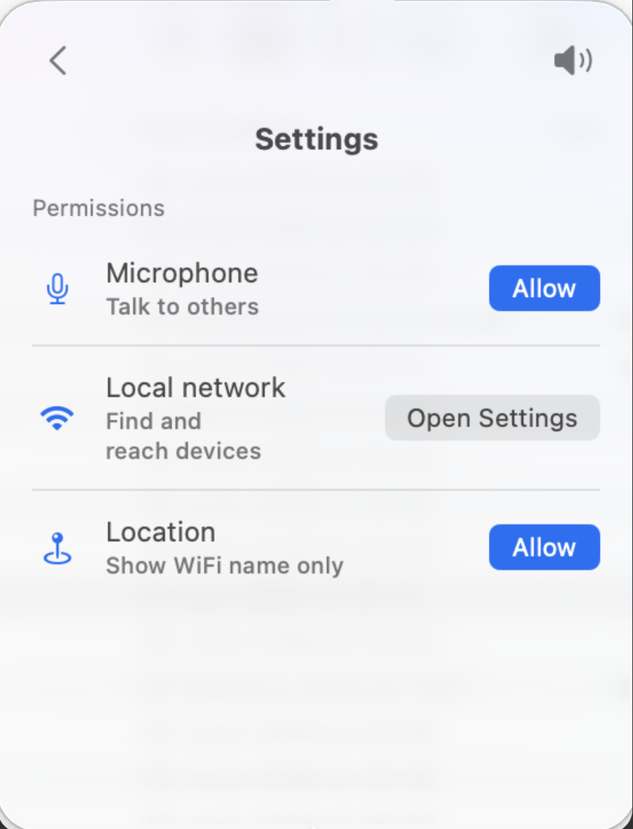 TalkieTalkie settings with microphone, local network and location permissions